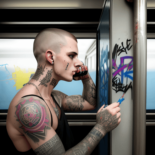AI generated: high resolution photography, bad boy with a buzzcut and tattoos painting a graffiti with the word al...