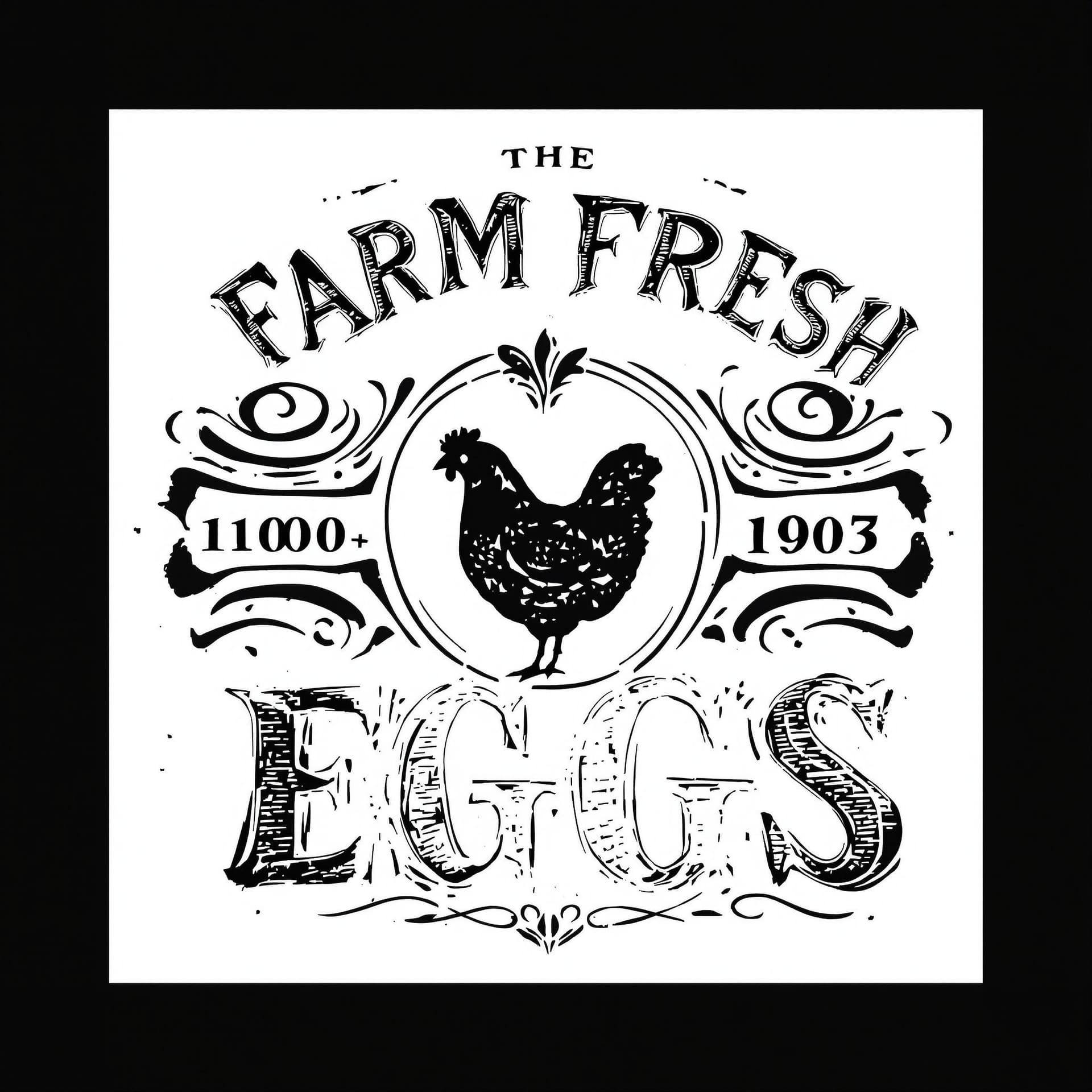 AI generated: Create a vintage-style graphic design featuring the text "FARM FRESH EGGS" with a silhouette of a he...