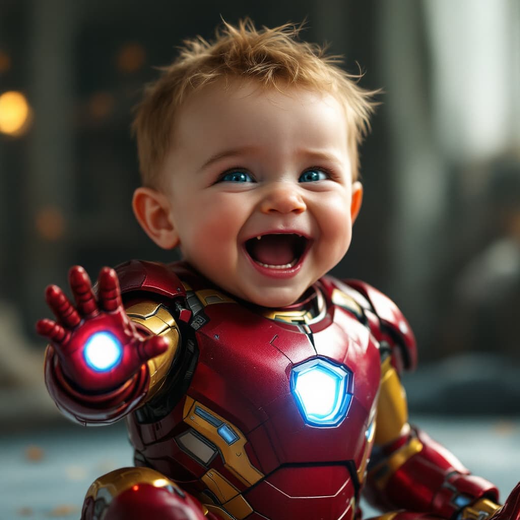 AI generated: baby iron man with laugh, realistic, cinematic