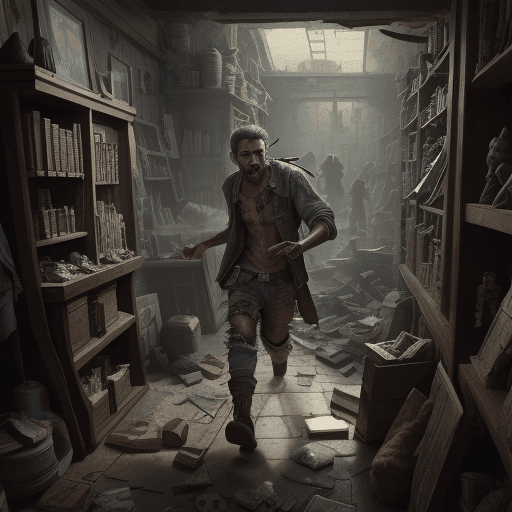 AI generated: A high resolution image of a rebel in tattered clothes looting a fantasy shop 4k 6fps