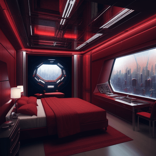 AI generated: RED Dark classy spaceship bedroom interior, cyberPREP city view, HYPER-DETAILED, HYPER INTRICATE, HY...