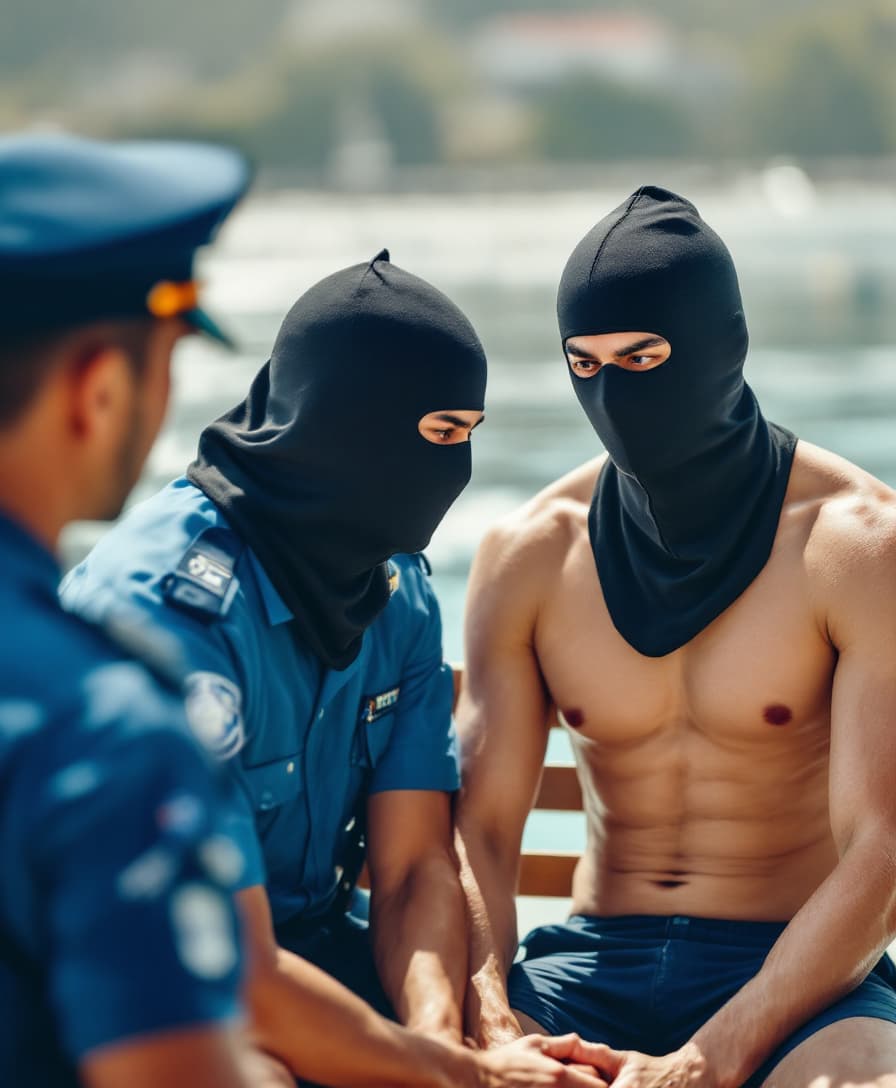 AI generated: Two male Asian born Hong Kongese swimmers were arrested by policemen in day time. They are under arr...