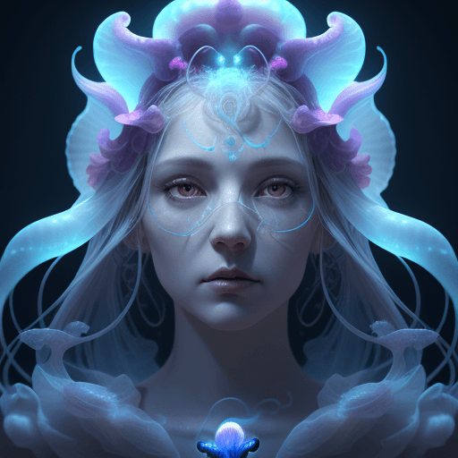 AI generated: Goddess close-up portrait ribcagel. jellyfish phoenix head, nautilus, orchid, skull, betta fish, bio...