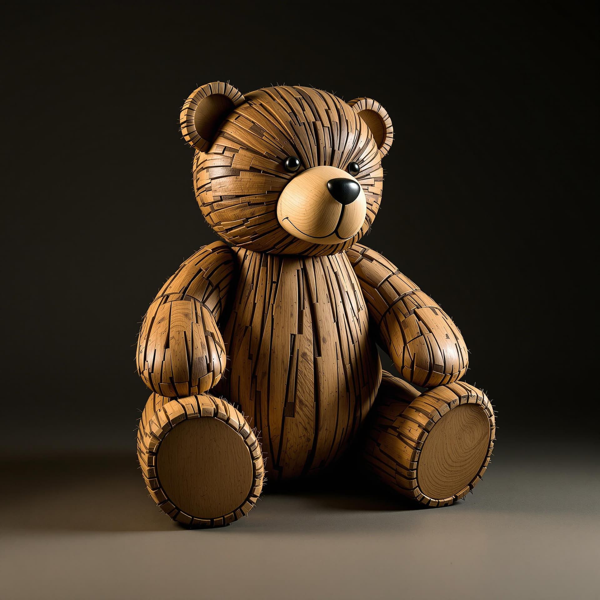 AI generated: a wooden sculture of a teddy bear, studio lighting 