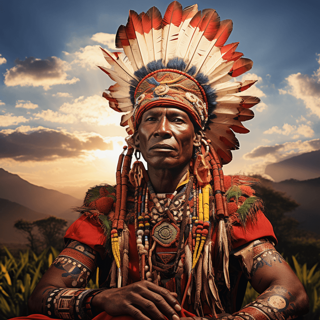 AI generated: a photorealistic portrait of a tribal chief, adorned with traditional attire, sitting regally agains...