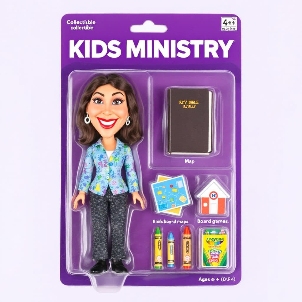AI generated: A stylized collectible action figure of a Children's female teacher in a toy package labeled for age...