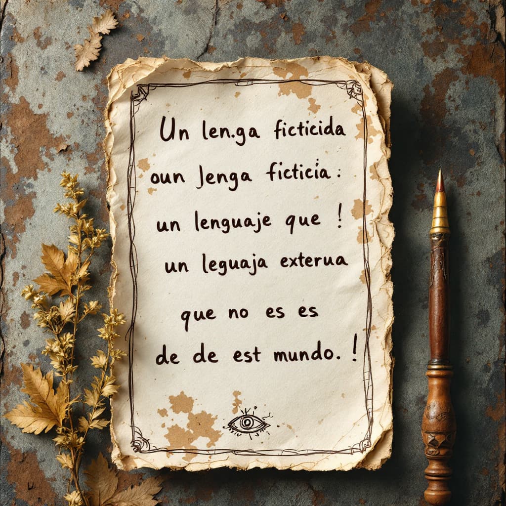 AI generated: una carta en un papel deteriorado con un mensaje en una lengua ficticia, extraña un lenguaje que no ...