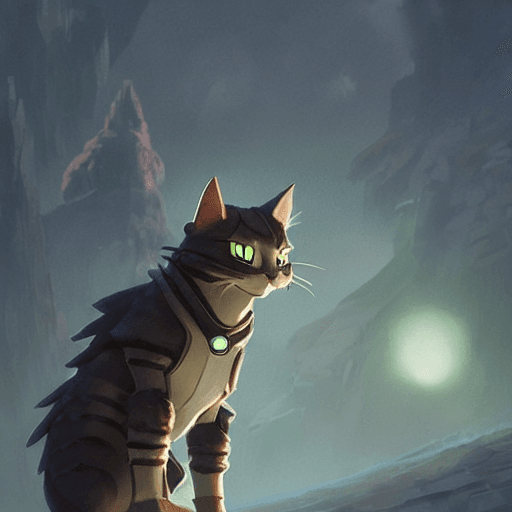 AI generated: cat wearing armor that has a glowing gemstone in it, medium shot, waist up, studio ghibli pixar and ...
