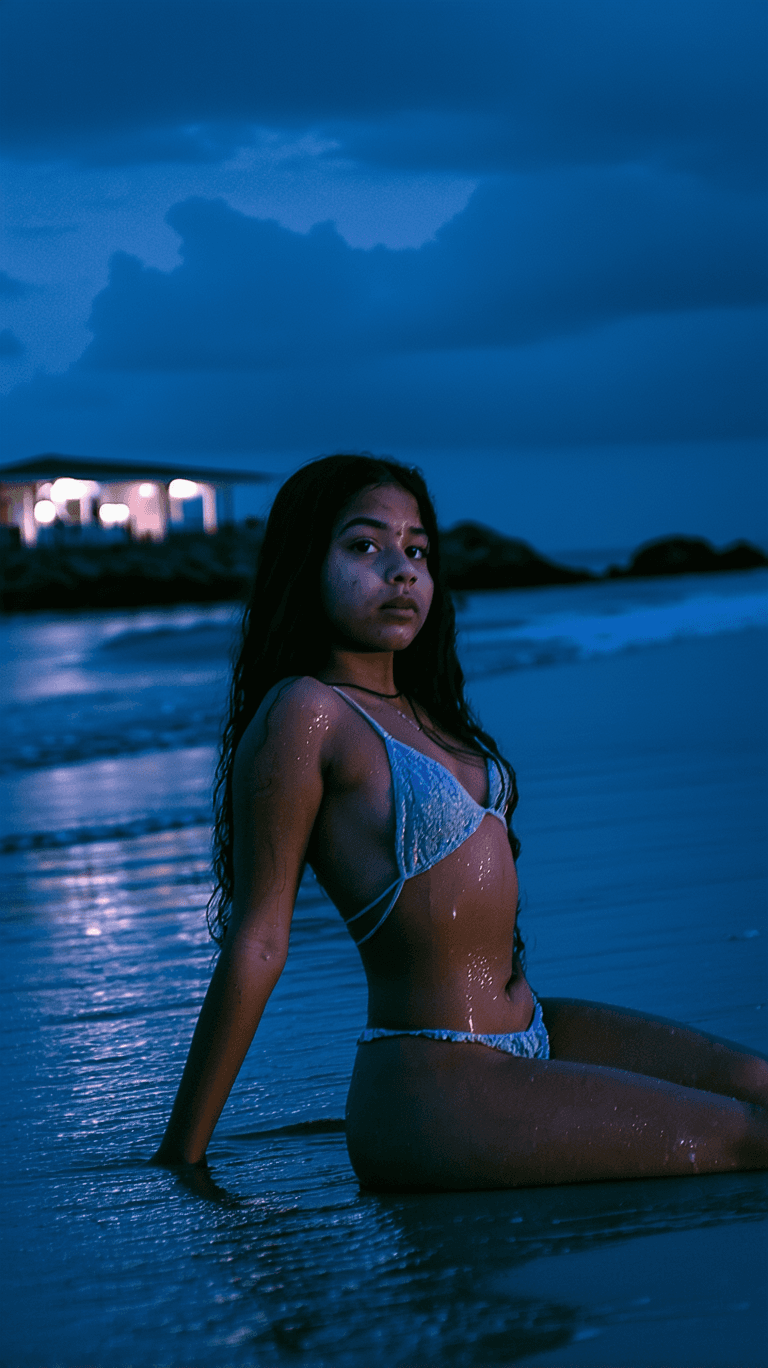 AI generated: Full body photo, Gorgeous stunning 10yo latina girl, pudgy, lying on back, at beach during night tim...