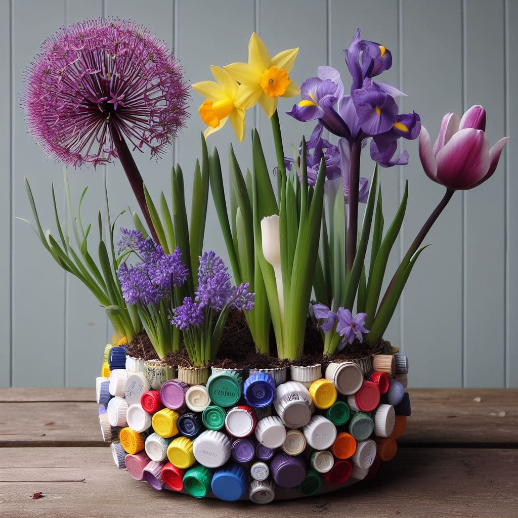 AI generated: planter made from recycled plastic caps with Allium purple flower, Narcissus yellow flower, Hyacinth...