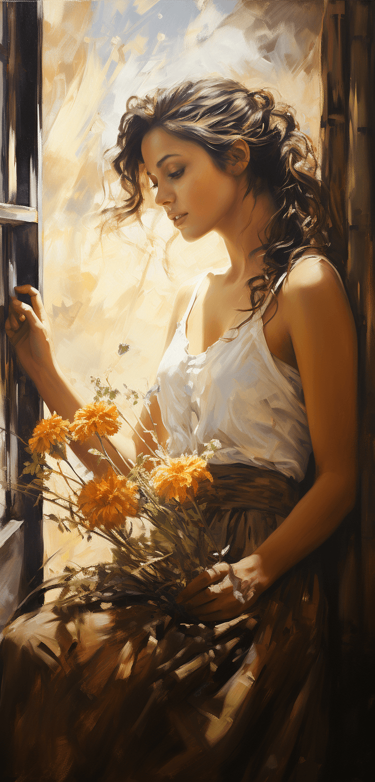 AI generated: an oil painting of a beautiful girl sitting by a window waiting for flowers, in the style of richly ...