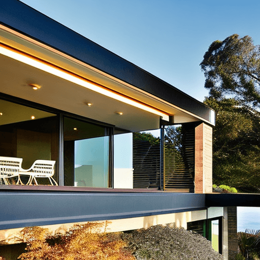 AI generated: Hyper realistic eye level exterior photo of a mid century modern style house overlooking the ocean, ...