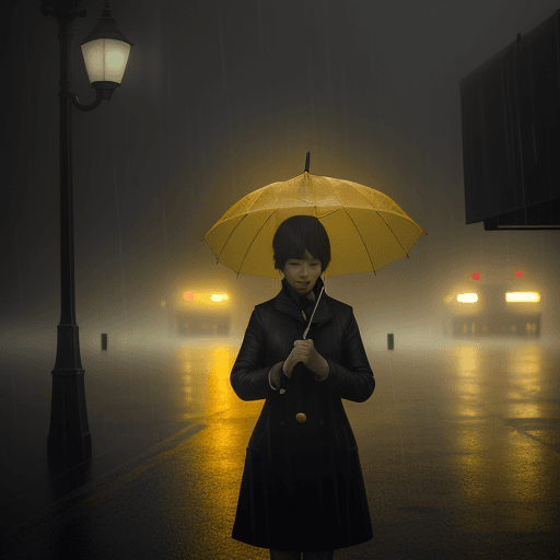 AI generated: cinematic, candid view, deep fog with rain, yellow umbrella with woman, riched detail --ar 9:16 --v ...