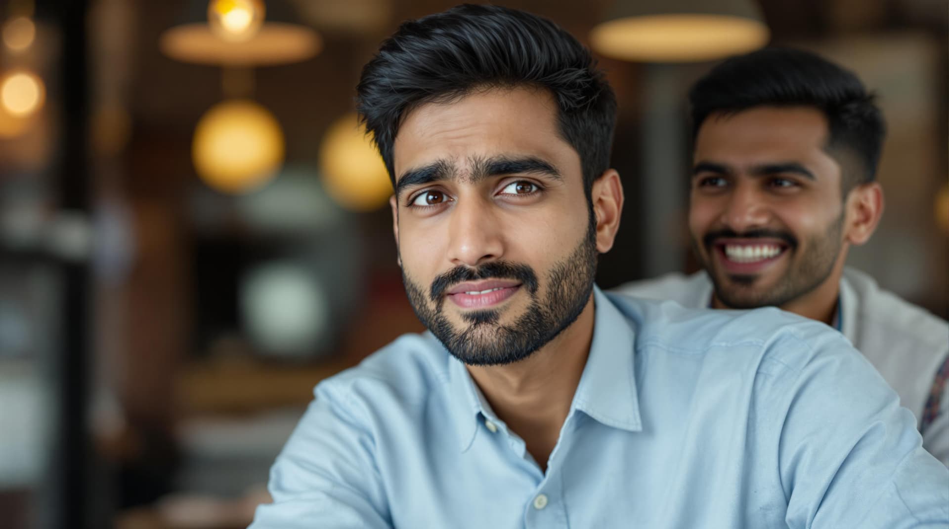 AI generated: "A close-up shot of Rahul Sharma , a young Indian man in his late 20s with short black hair styled n...