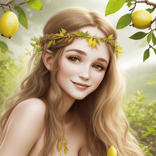 AI generated: Lemon Dream. leaves, twigs, beautiful  woman, easy smile, boho dressed--not naked