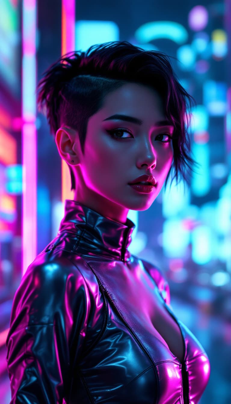AI generated: A futuristic and sleek portrait of a cutting-edge South Korean woman. She stands against a neon-lit ...
