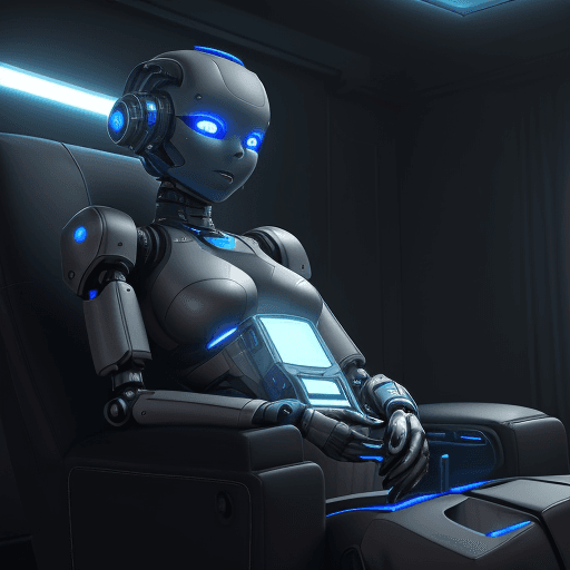 AI generated: futuristic lonely matte dark gray and glossy translucent  and blue full-body humanoid robot with hug...