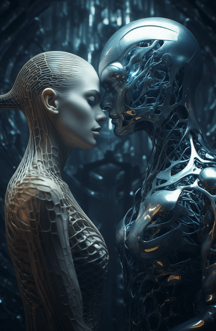 AI generated: An alien and a human merging together to create a new plane of existence, their bodies transcending ...