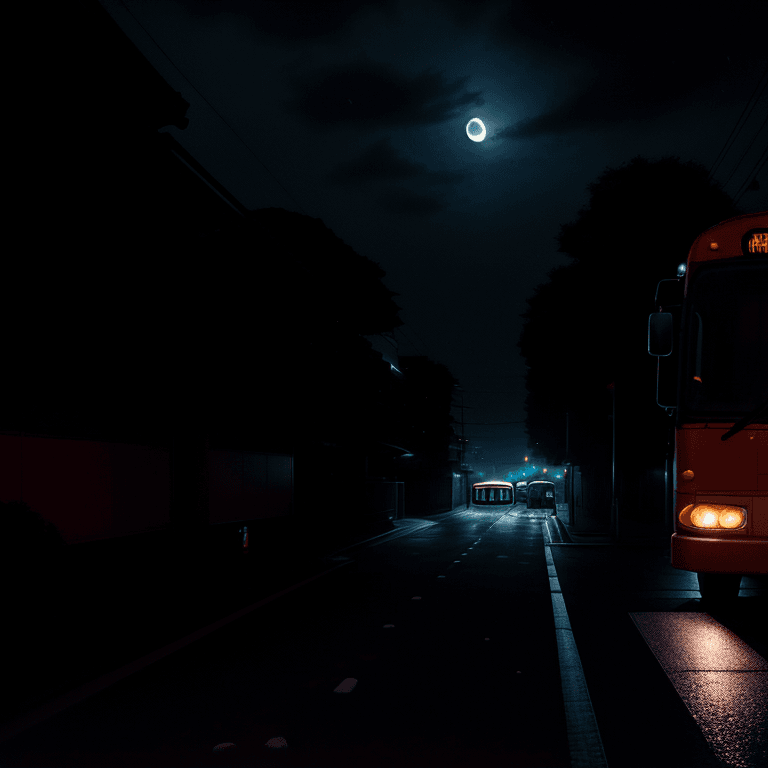 AI generated: the bus is waiting under the moonlight, lit street, depictions of inclement weather, uhd image, japa...