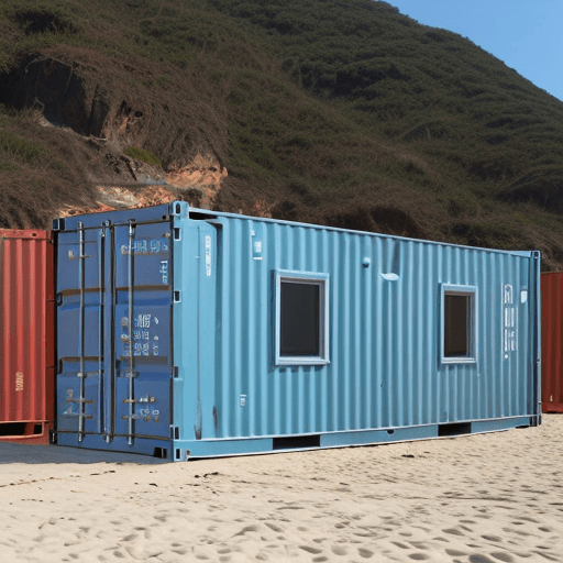 AI generated: a building built with 2 containers at the beach