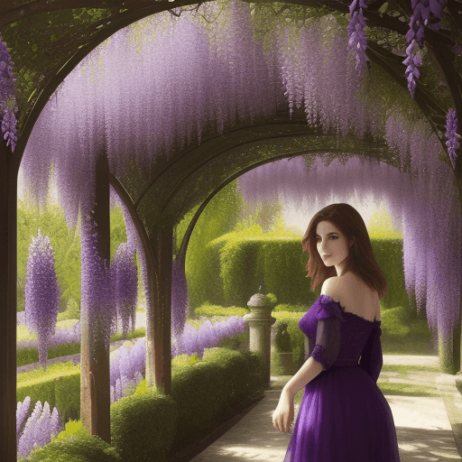 AI generated: Landscape with wisteria, woman