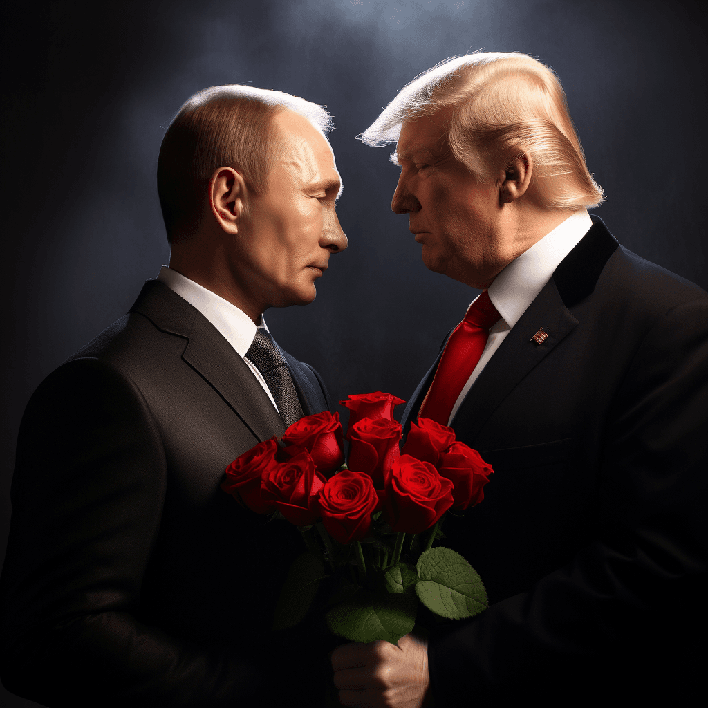 AI generated: putin, trump, roses, romantic, cinematic lighting, studio quality, --no (deformed, distorted, disfig...