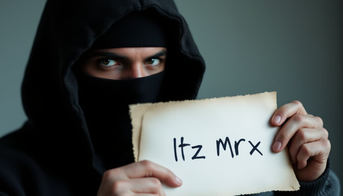 AI generated: man wearing black hoodie holding a pease of paper sying "Itz Mrx" hand writed his face covered with ...
