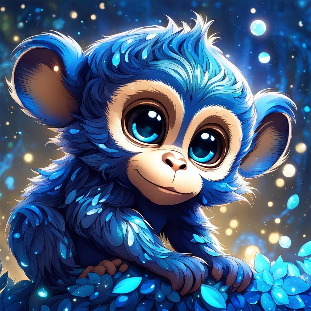 AI generated: A Whimsical Adorable Cute Chibi Baby Monkey Composed Of Blue Colors with Endearing Iridescent Swirls...