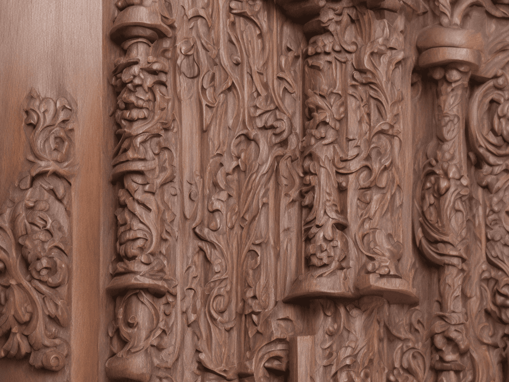 AI generated: horizontal front view of+ornately carved dark Maple wooden stocks+that have eight side by side horiz...