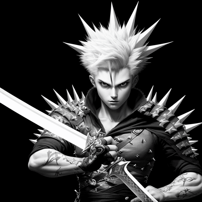 AI generated: The image is a black and white illustration of a character with spiky hair and a sword. 8k