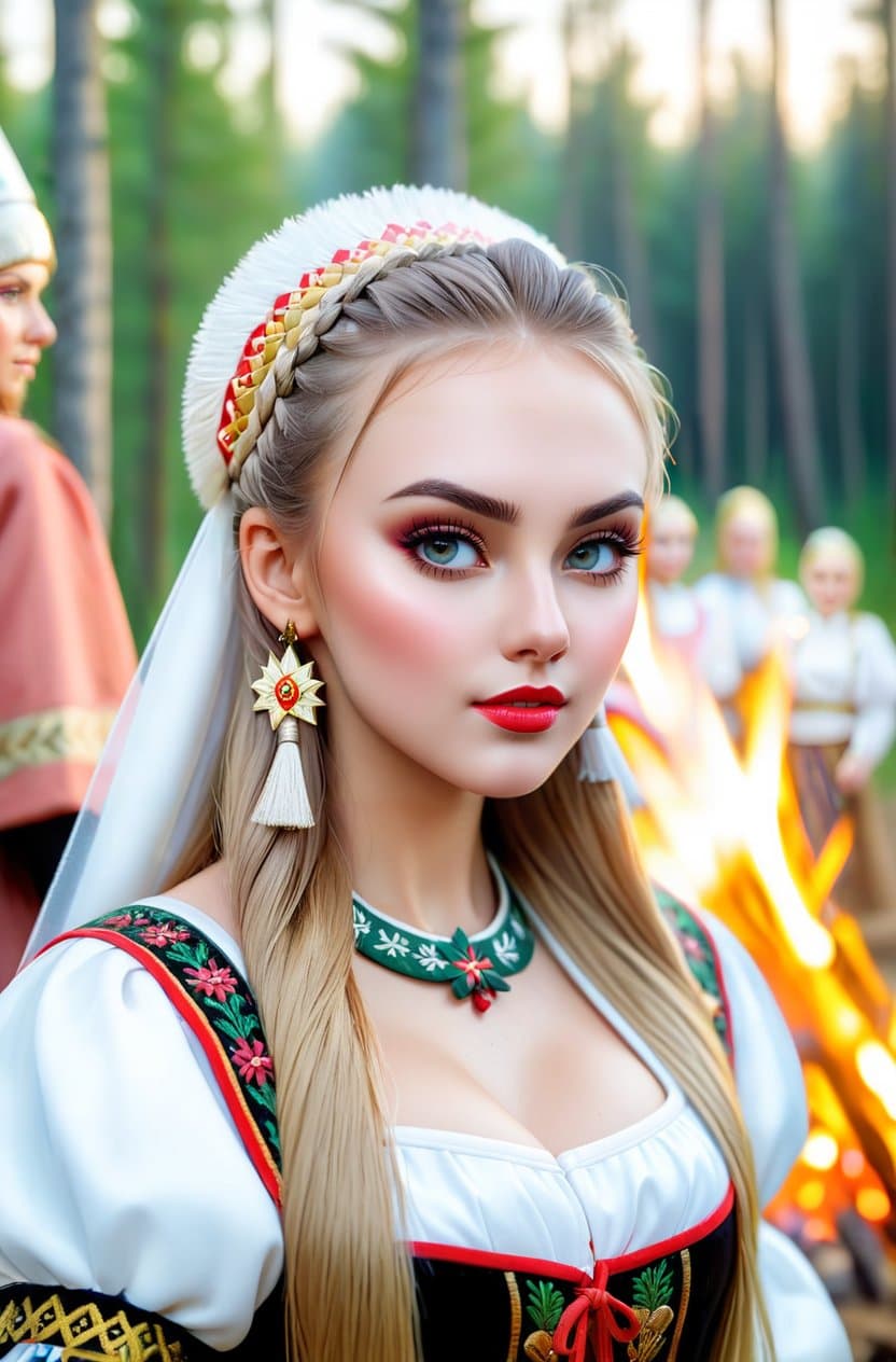AI generated: (people in Slavic national costumes:1.3), (celebrating the New Year:1.1), (a forest lake and a large...