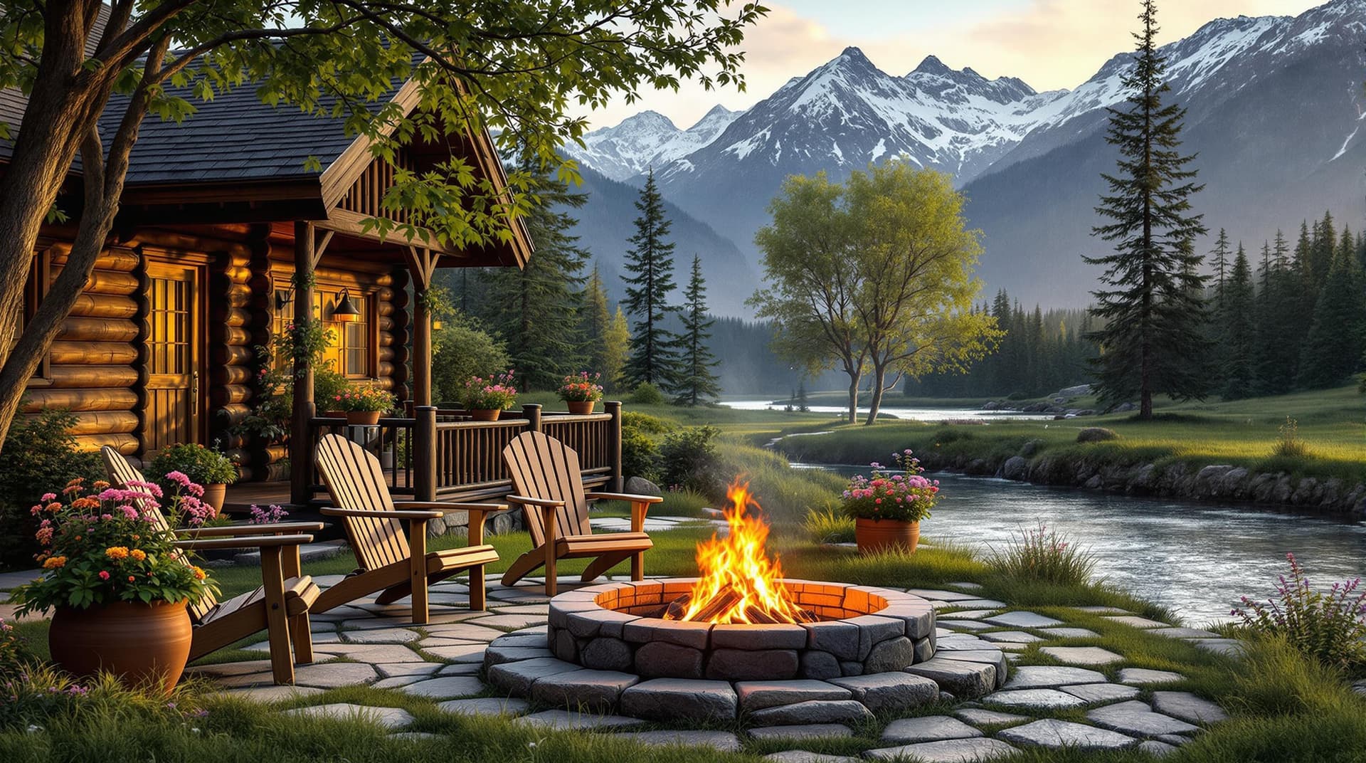 AI generated: Rustic mountain cabin retreat.  Peaceful scene of a log cabin nestled amidst lush greenery and a flo...