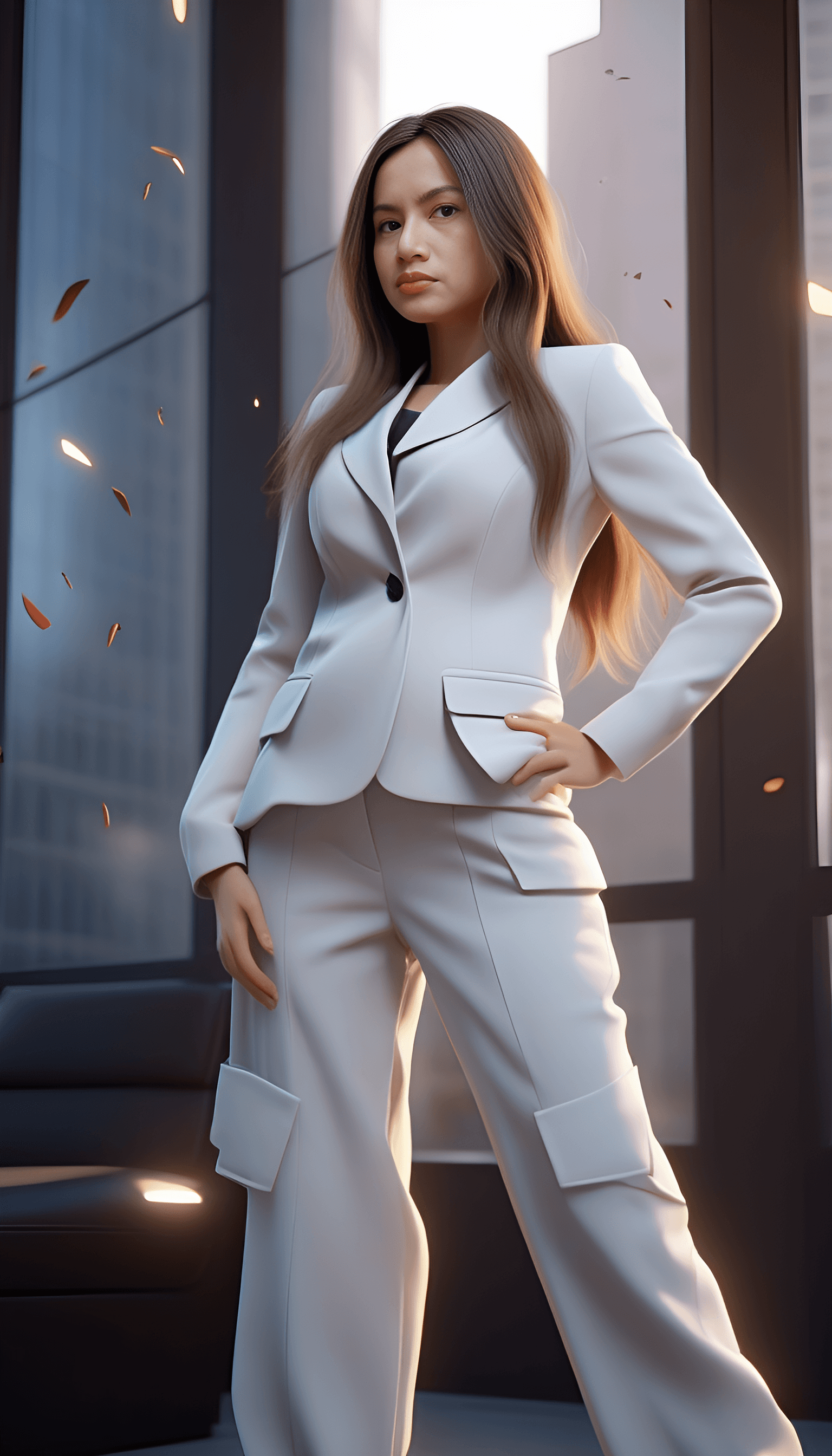 AI generated: a young girl in a business suit with a very angry expression, in the style of unreal engine 5, carto...
