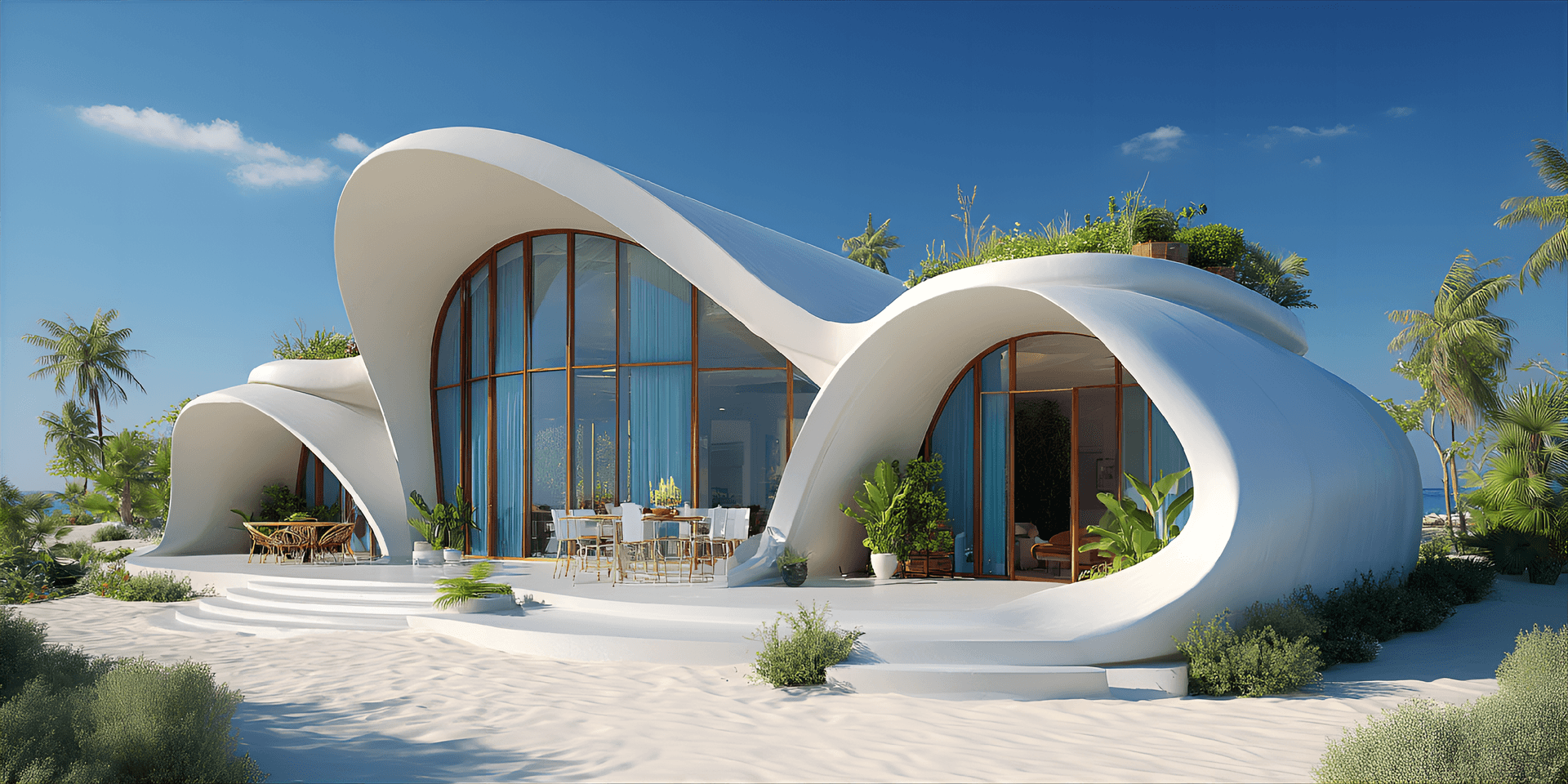 AI generated: futuristic eco-friendly home inspired by the curves of a seashell, featuring smooth organic shapes,...