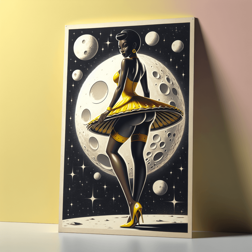 AI generated: a painting of a woman in a yellow dress, heavy metal comic cover art, space theme, pin-up girl, silv...
