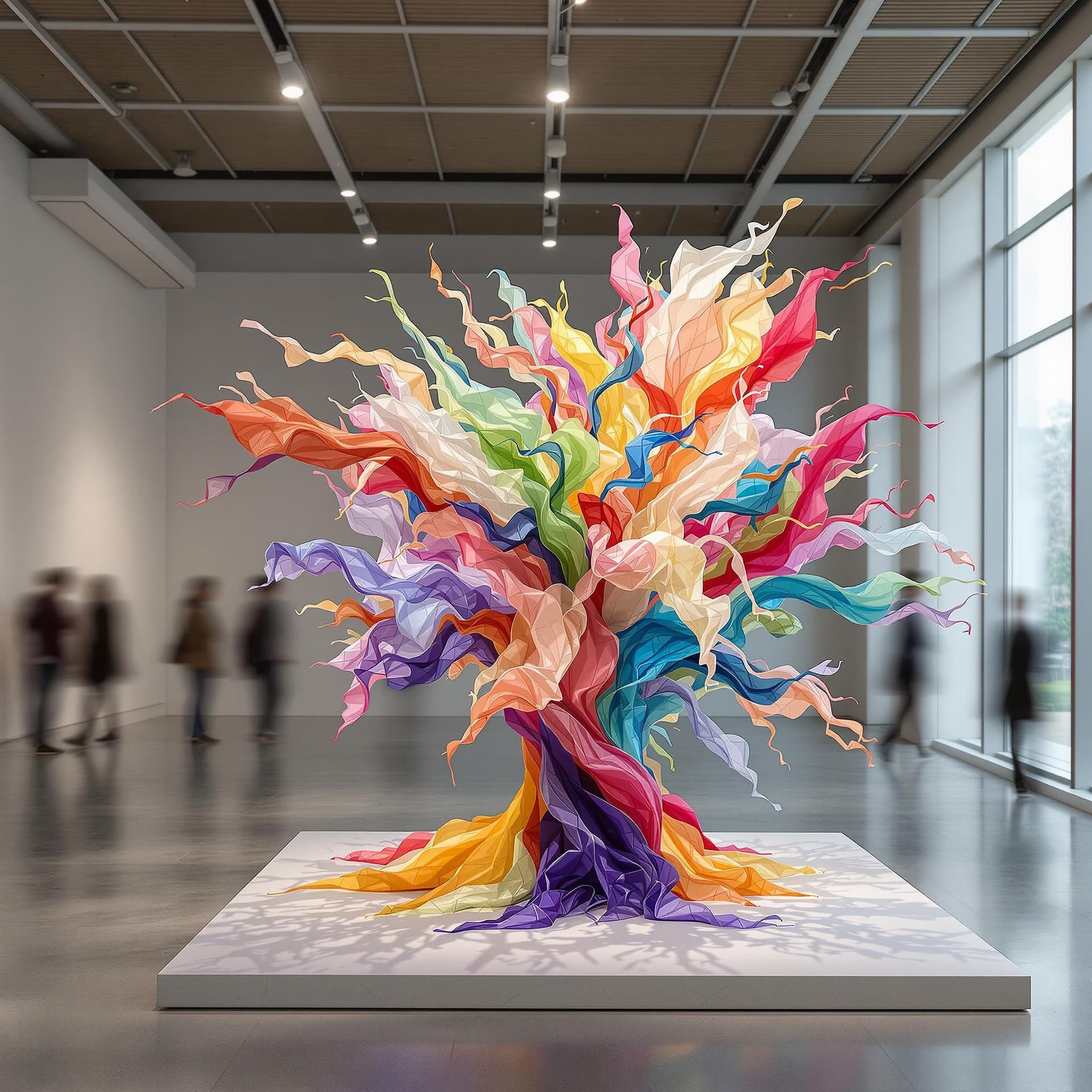 AI generated: 
Spatial design, colorful silk fabric sculpture located in indoor gallery in ethereal tree style, sp...