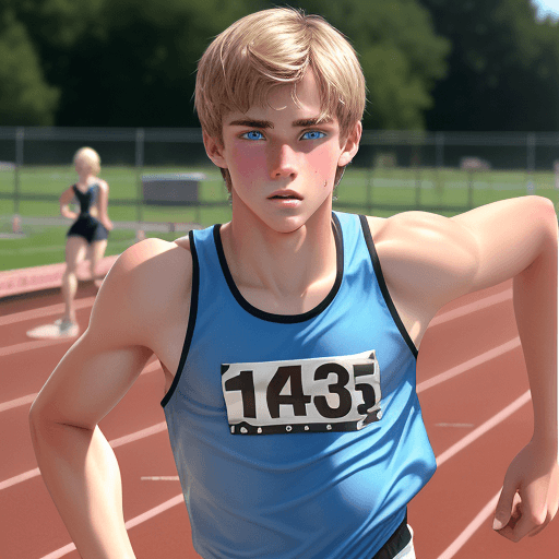 AI generated: 15 year old blond athletic runner, high school track, shirtless, floppy brown hair parted to the sid...