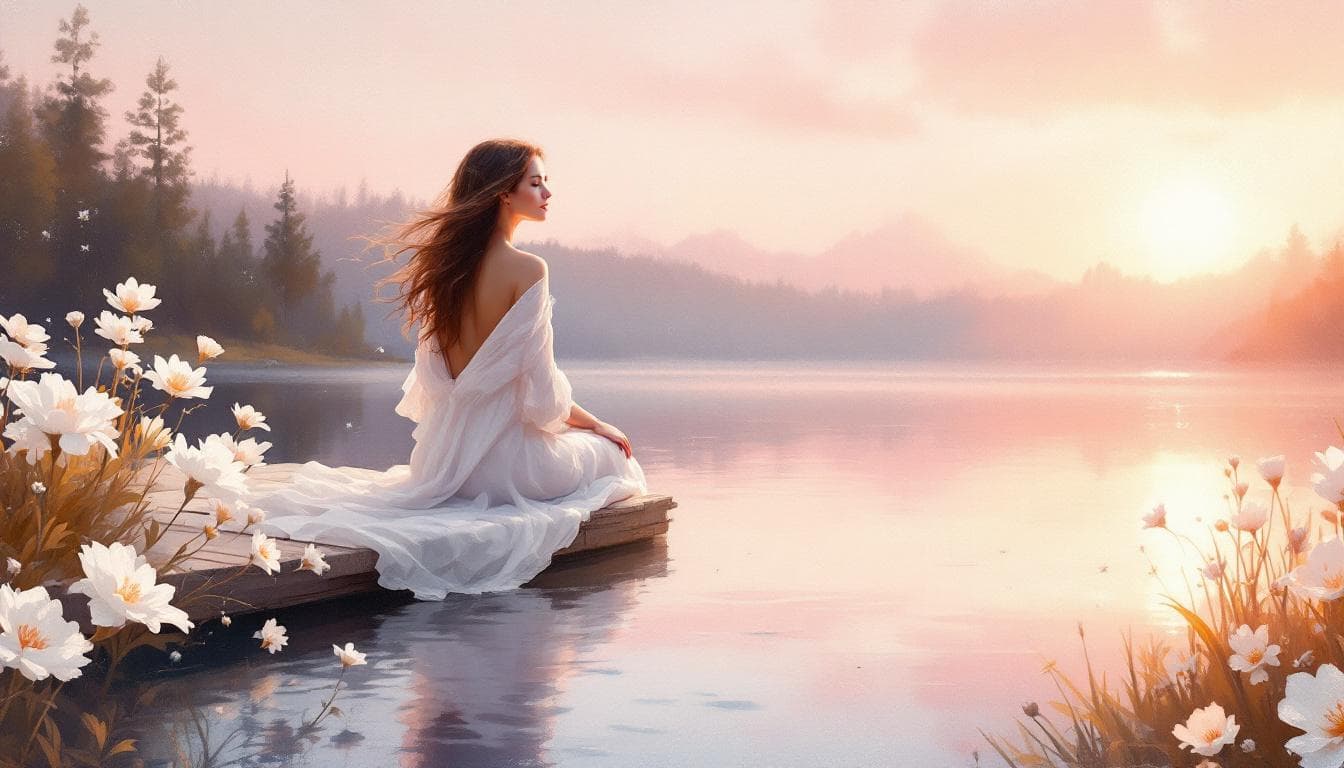 AI generated: oil painting featuring a woman sitting on a lake dock in the morning sun, surrounded by soft pink hu...