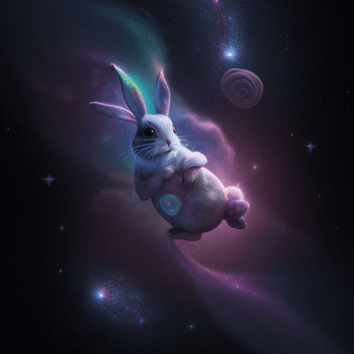 AI generated: galaxies, spirals, space, nebulae, stars, smoke, iridescent, intricate detail, in the shape of a rab...
