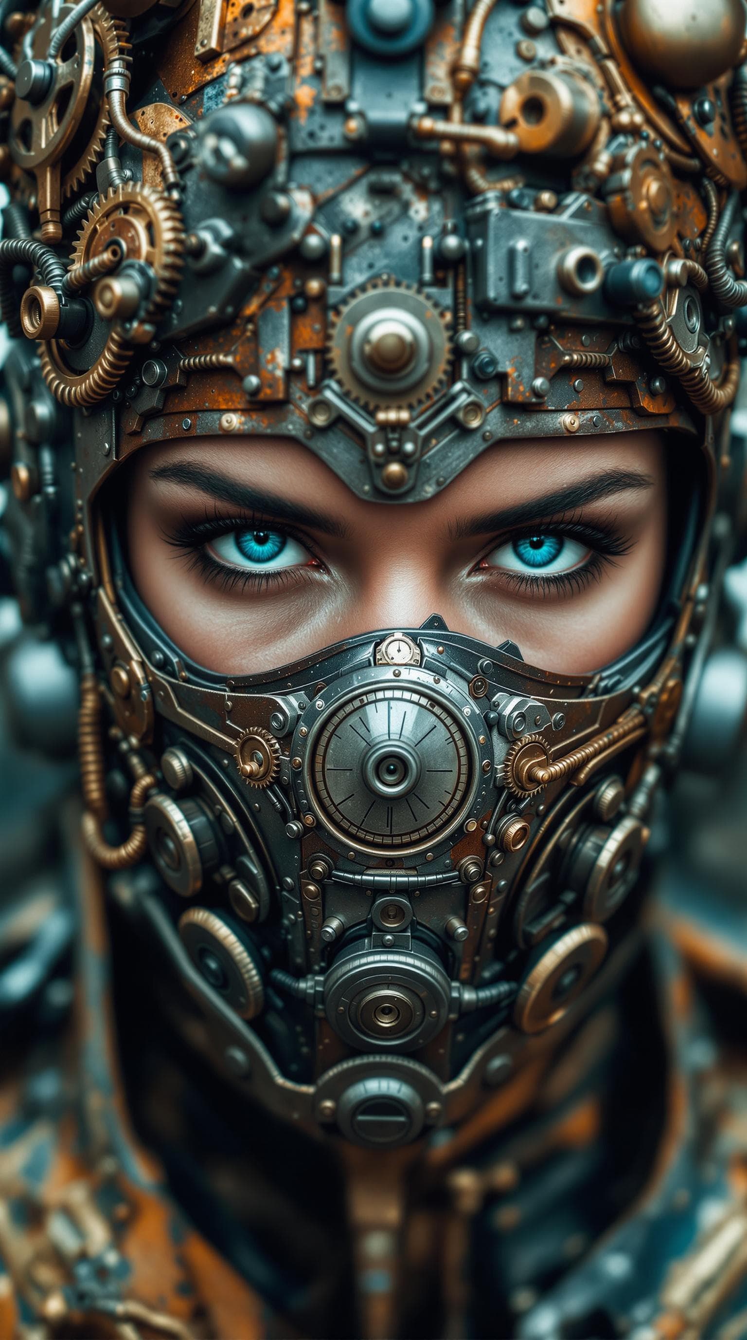 AI generated: A photo of a close- up of a humanoid figure adorned with intricate mechanical and steampunk elements...