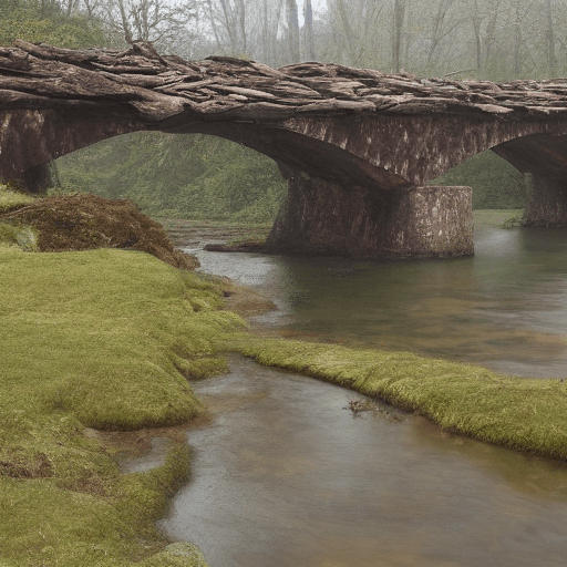 AI generated: landscape: "Old bridge. The bridge exposed its body to the rain, drops flow down its back."