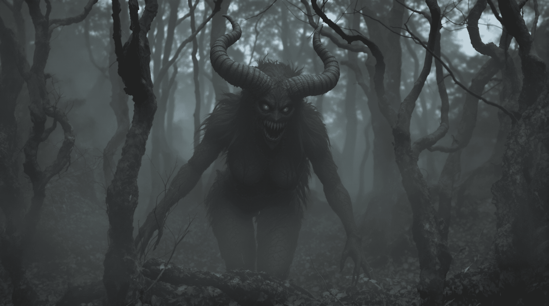 AI generated: Imagine you are in a scary forest in kind of a nightmare. The mist lay heavy and you see a dark crea...