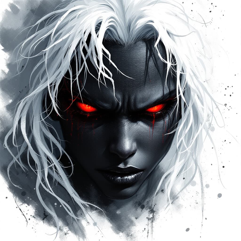 AI generated: Black girl, angry face, white hair, red eyes, semen on face