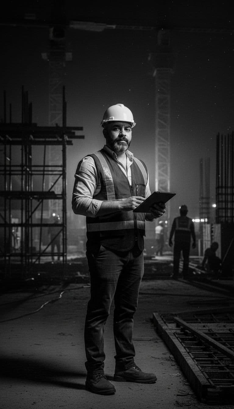 AI generated: A professional site engineer stands at an active construction site during a late-evening inspection....