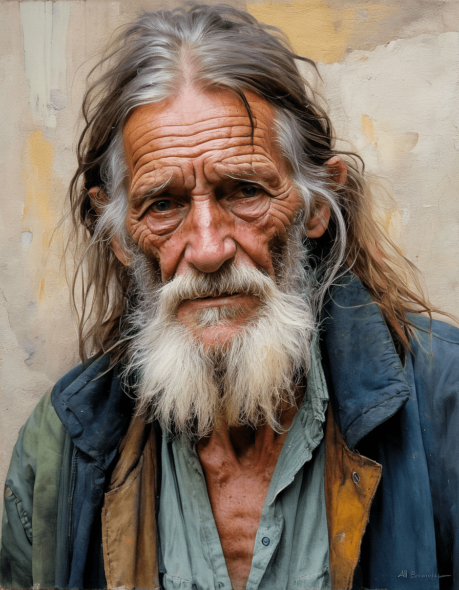 AI generated: Painting of an old man. Natural look. Higly detailed. Artist, randomly choses