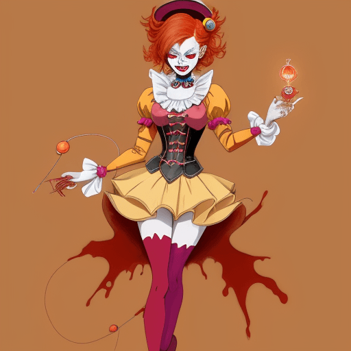 AI generated: a woman dressed as a clown with red hair, in the style of magical girl, colorful moebius, light yell...