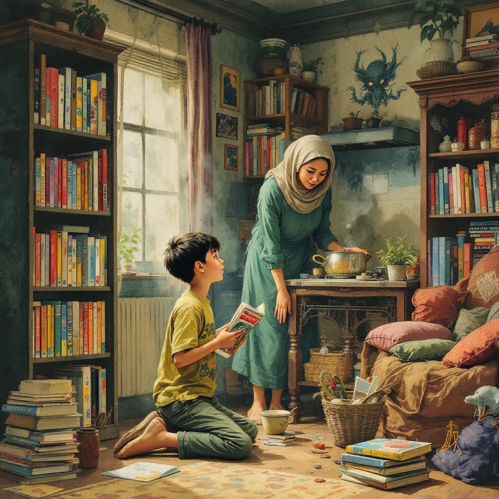 AI generated: A little boy is in a government home. There are lots of comic books on the bookcase next to him. The...