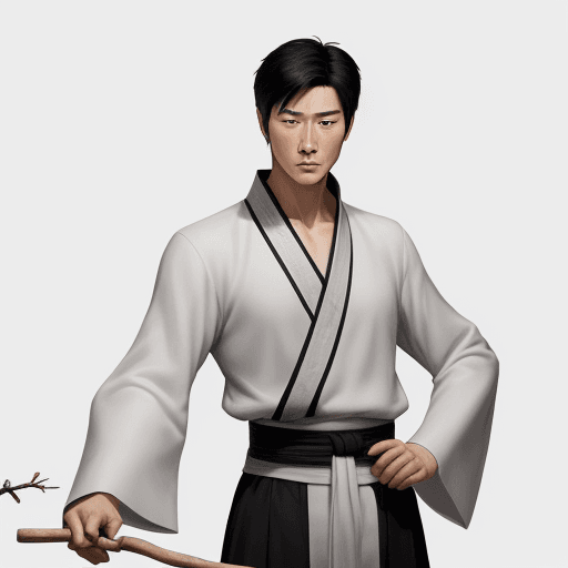 AI generated: A tall young man resembling like
 Jet Li and Jackie Chan mythology, leans in a sophisticated and cha...