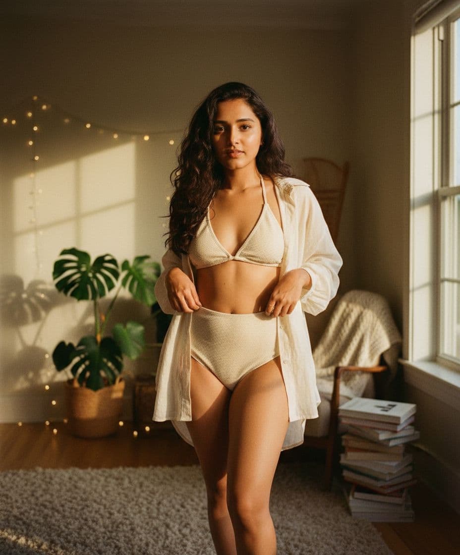 AI generated: Hyperrealistic photo, beautiful girl model in beachwear, shot on iphone 14 pro max, long dark hair, ...