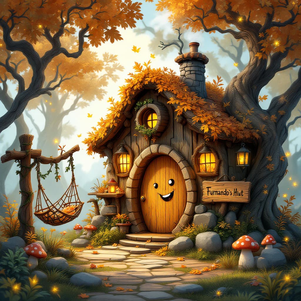 AI generated: A whimsical, cozy hut in a mystical forest, designed as the home of Furnando, a friendly, fluffy ora...